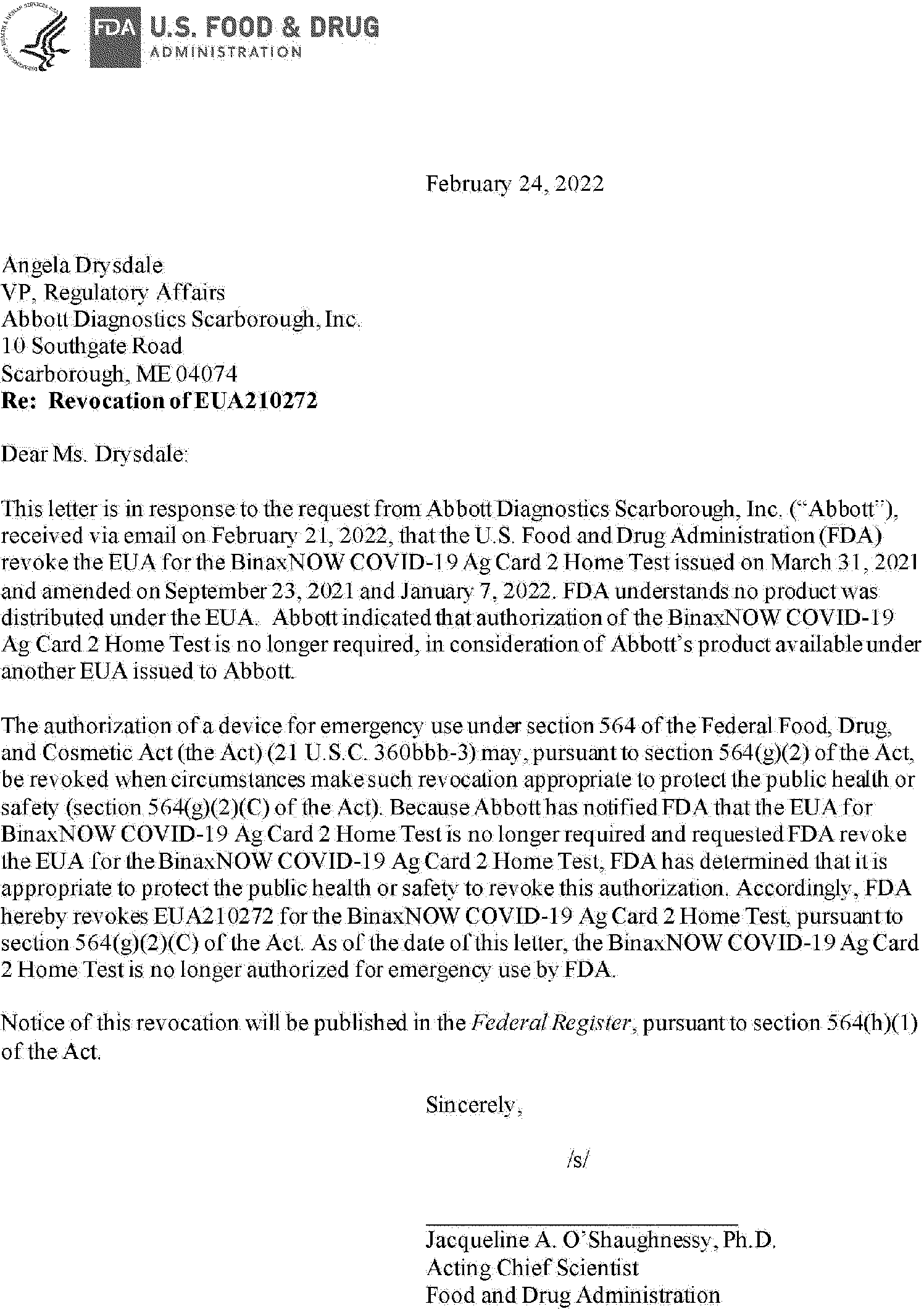 Federal Register :: Revocation of Authorization of Emergency Use of an In  Vitro Diagnostic Device for Detection and/or Diagnosis of COVID-19;  Availability